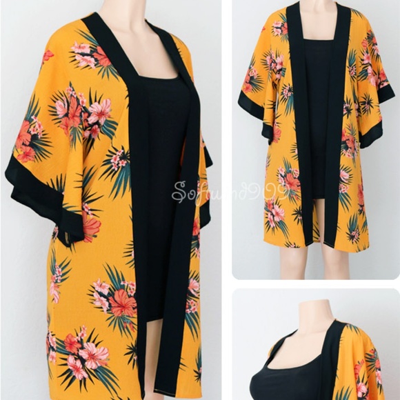 Mustard Yellow Tropical Floral Cover Up Kimono Top - Picture 6 of 8